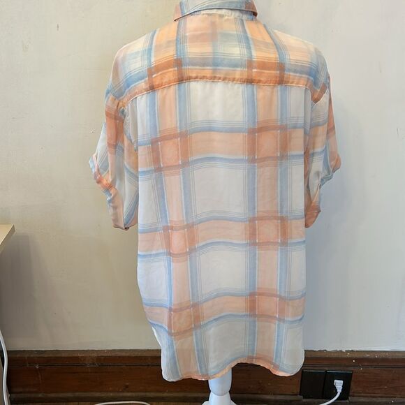 Splendid Orange and Blue Plaid sheer Button-Up blouse Size M EUC - Picture 6 of 8